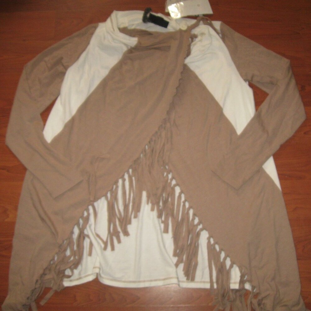SERENA WILLIAMS Colorblock Fringe Wrap Top Cream & Taupe Brown XS S Boho Peasant